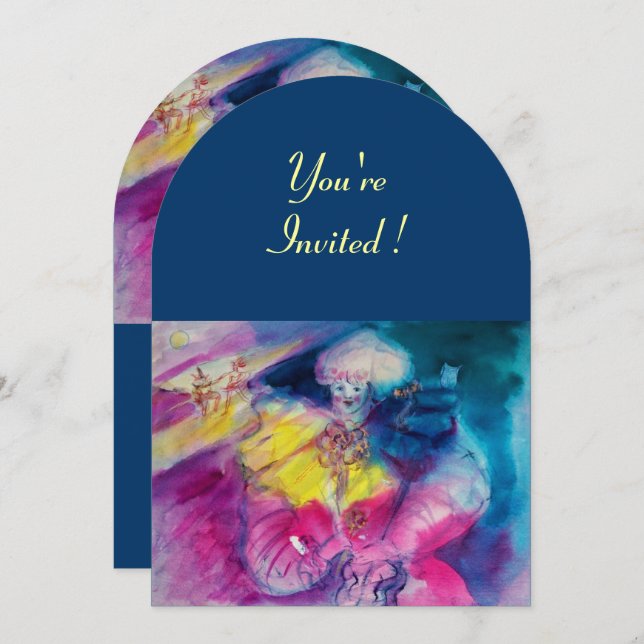 Invitation CLOWN AVEC CHOUETTE ET VIOLON ,jaune, rose bleu (Devant / Derrière)