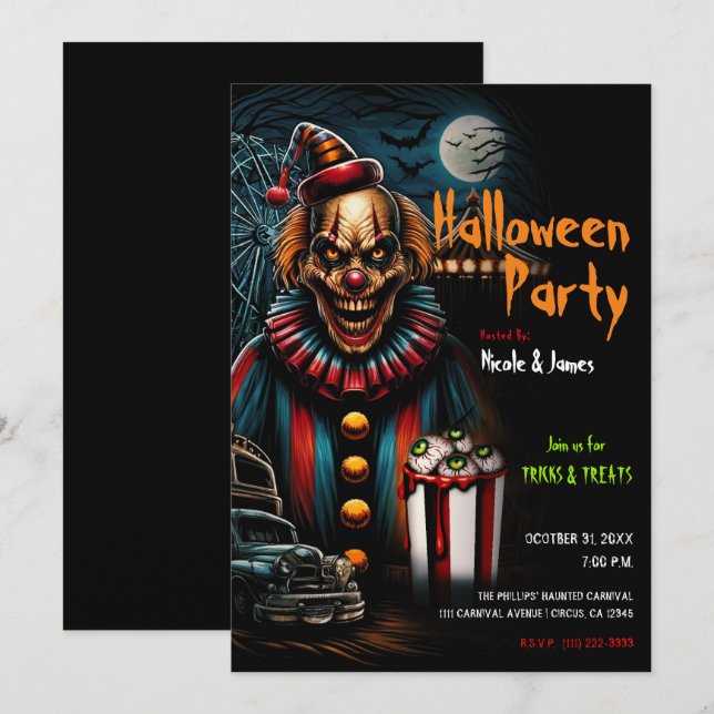 Invitation Clown de carnaval effrayant pour la fête d'Hallowe (Devant / Derrière)