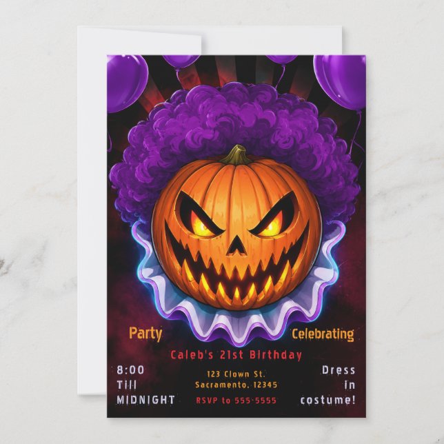 Invitation Clown Tueur Citrouille Anniversaire Halloween Fête (Devant)