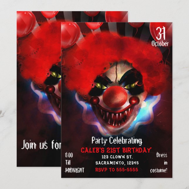 Invitation Clown Tueur Effrayant et Flippant Fête d'anniversa (Devant / Derrière)