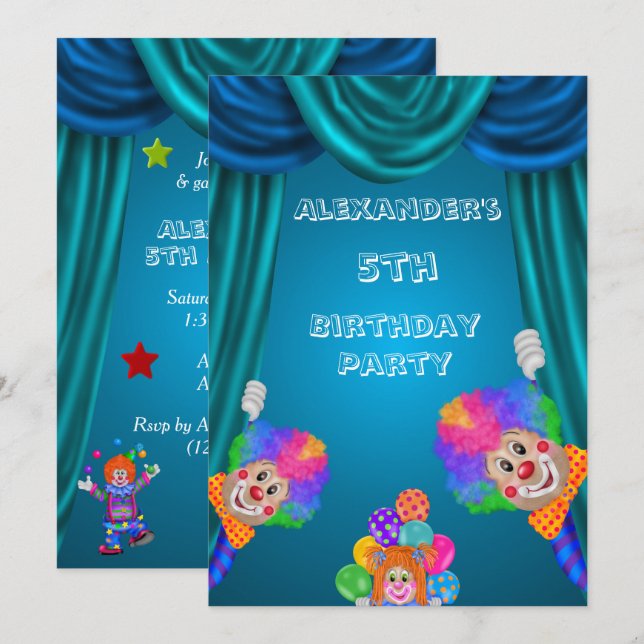 Invitation Clowns Espiègles 5ème Anniversaire Garçon Double F (Devant / Derrière)