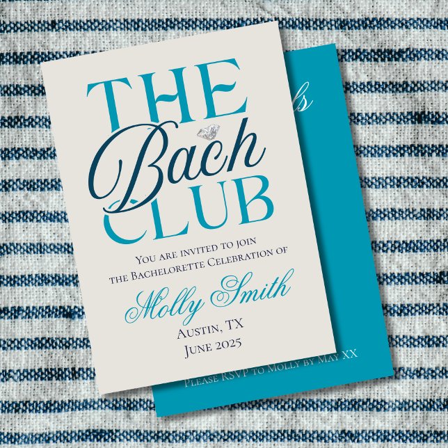 Invitation Club Bach Simple Moderne Fête de Bachelorette Bleu (The Bach Club invite with modern serif font – perfect for engagement or bridal celebrations!)