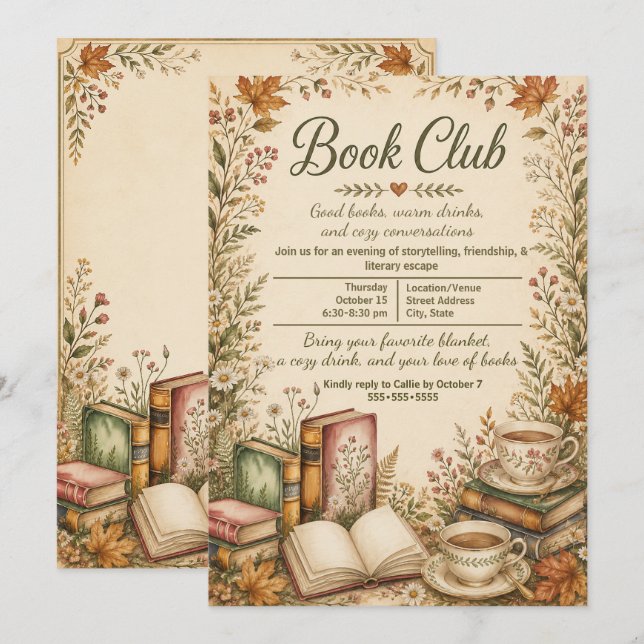 Invitation Club de lecture automne rustique vintage (Devant / Derrière)