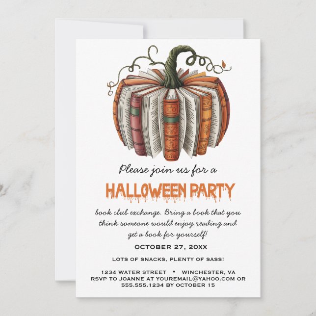 Invitation Club du livre citrouille Exchange Halloween Party  (Devant)