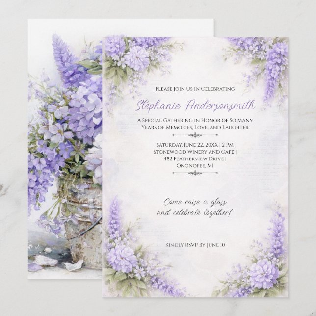 Invitation Clusters Floraux Violets Lavande pour Anniversaire (Devant / Derrière)