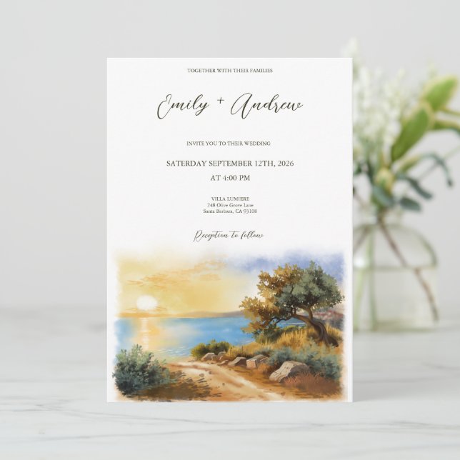 Invitation Coast Watercolor Sunset Mediterranean Half Wedding (Debout devant)