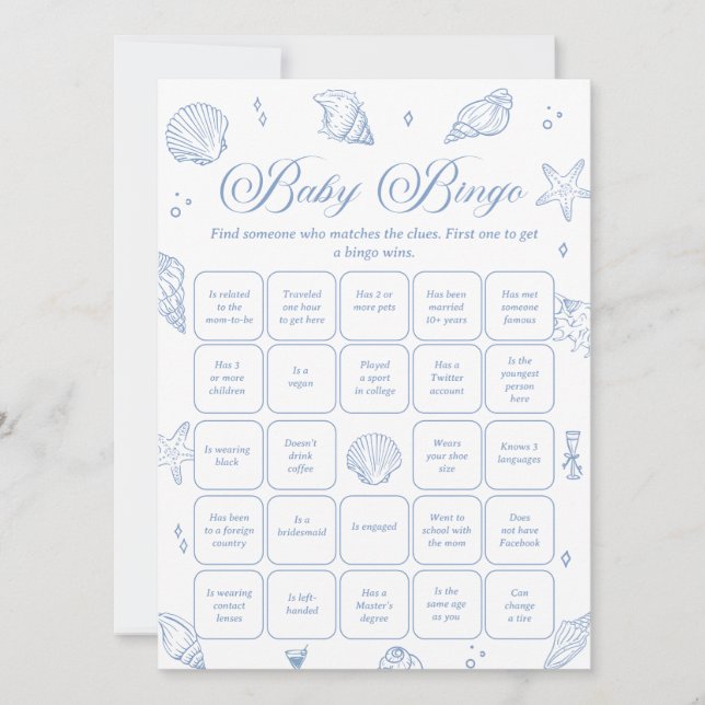 Invitation Coastal Baby Shower Find the Guest Bingo Game Card (Devant)