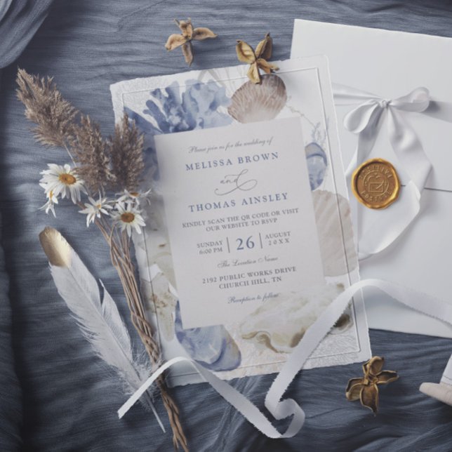 Invitation Coastal beach blue seashell qr code wedding (Créateur téléchargé)