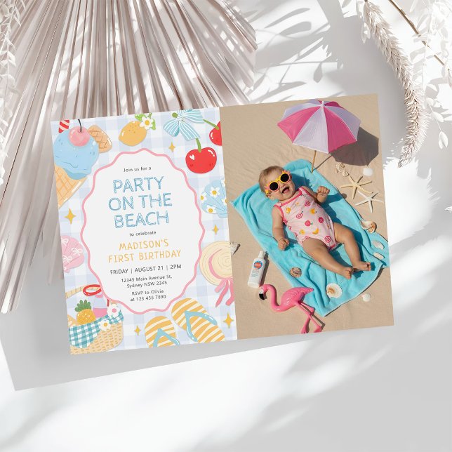 Invitation Coastal Beach Pastel Doodle Girls Birthday Photo (Créateur téléchargé)