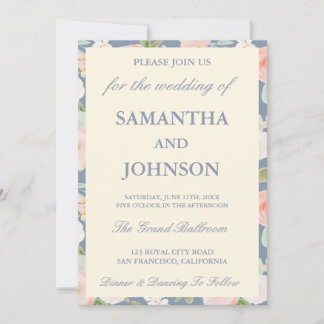 Invitation Coastal Blue Ivory Floral Monogram Photo Wedding
