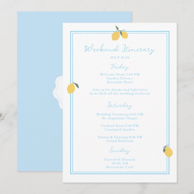 Invitation Coastal Blue Lemon Amalfi Wedding Itinerary Card (Devant / Derrière)