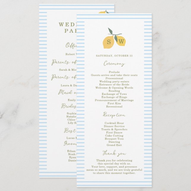 Invitation Coastal Blue Lemon Amalfi Wedding Program Card (Devant / Derrière)