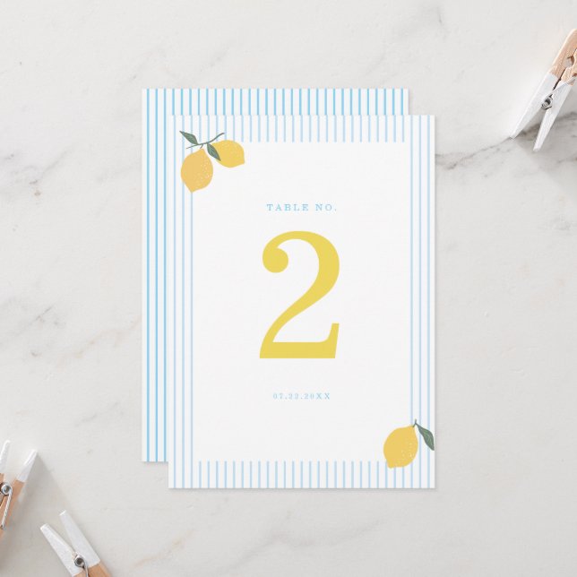 Invitation Coastal Blue Lemon Amalfi Wedding Table Number (Devant/Arrière en situation)