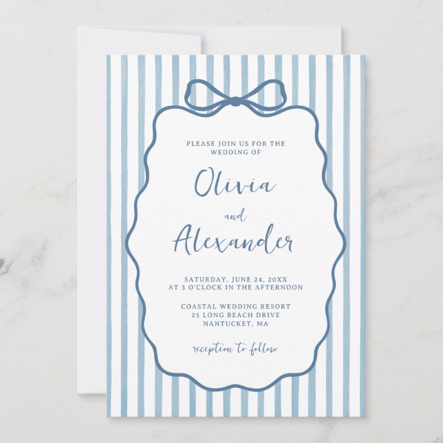 Invitation Coastal Blue Whimsical Stripe Bow Wedding (Devant)
