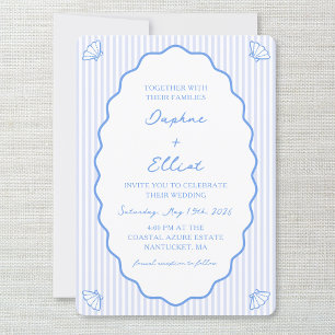 Invitation Coastal Chic Bleu & Blanc Striped Wavy Mariage