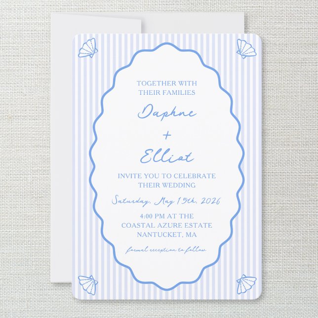 Invitation Coastal Chic Bleu & Blanc Striped Wavy Mariage (Créateur téléchargé)