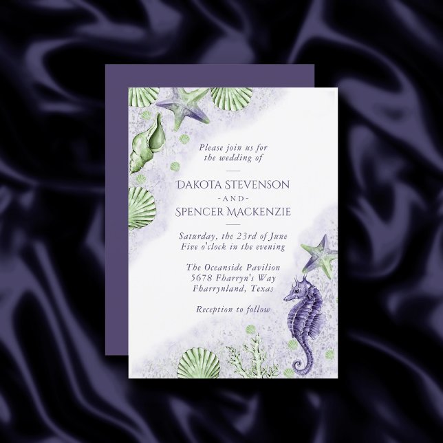 Invitation Coastal Chic | Mariage nautique pourpre et vert (Créateur téléchargé)