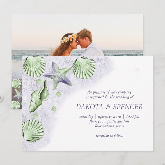 Invitation Coastal Chic | Purple Green Mariage Nautique photo (Devant / Derrière)