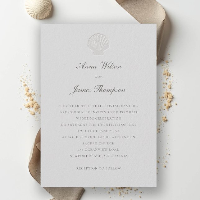 Invitation Coastal Coquille nautique Mariage classique (nautical coastal wedding invitation modern classic formal traditional elegant shell medium ivory)