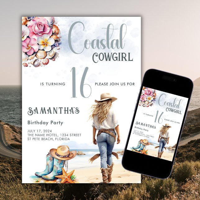 Invitation Coastal Cowgirl 16 Anniversaire Fête Cowboy Bottes (Créateur téléchargé)