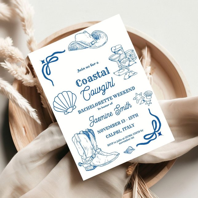 Invitation Coastal Cowgirl Blue Main Écrit Bachelorette Dans (Créateur téléchargé)
