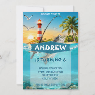Invitation Coastal Fishing Adventure Lighthouse Birthday