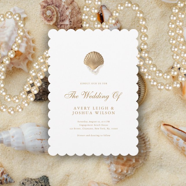 Invitation Coastal Gold Seashell & Pearls Beach Wedding (Créateur téléchargé)