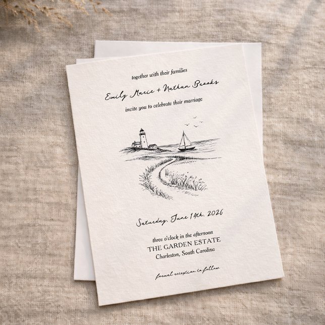 Invitation Coastal Hand Drawn Black & White Wedding (Créateur téléchargé)