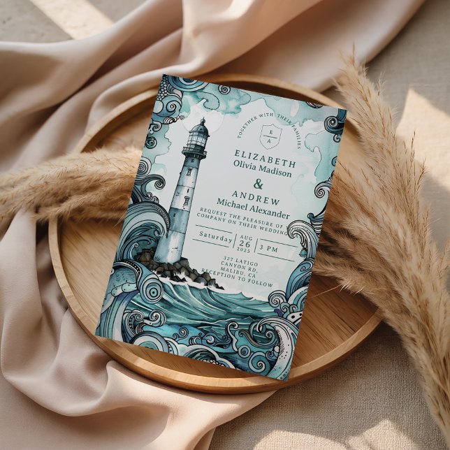 Invitation Coastal Lighthouse Wave Wedding (Créateur téléchargé)