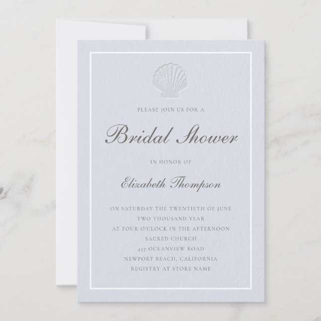 Invitation Coastal Nautical Shell Blue White Bridal Shower (Devant)