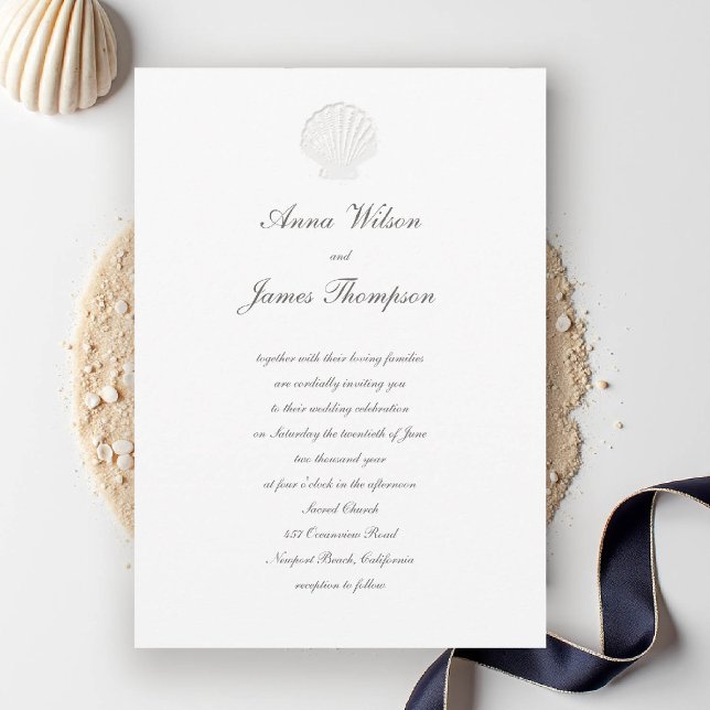 Invitation Coastal Nautical Shell Classic Script Mariage pur (nautical coastal wedding invitation modern classic formal traditional script elegant shell pure whte)
