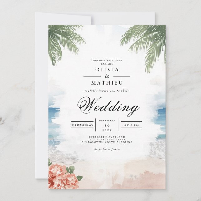 Invitation Coastal Palm Breeze Beach Wedding (Devant)