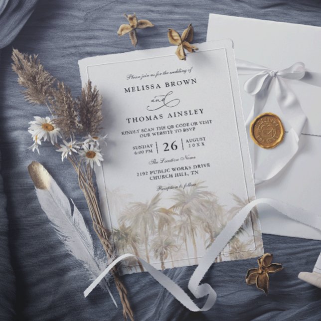 Invitation Coastal Palm Trees Beach Modern QR Code Wedding (Créateur téléchargé)