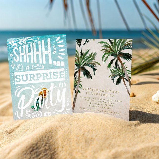 Invitation Coastal Palm Trees Surprise Party Beach Birthday (Créateur téléchargé)