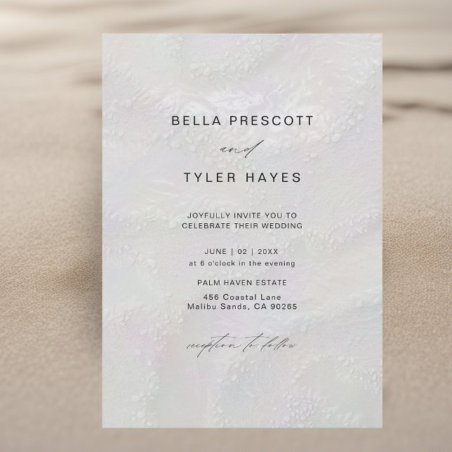 Invitation Coastal Pearly Sands Beach Ocean Elegant Wedding (coastal wedding invitation modern minimalist elegant beach ocean iridescent sand ivory white shimmer)