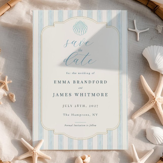 Invitation Coastal Seashell Blue Wedding Save the Date (Créateur téléchargé)
