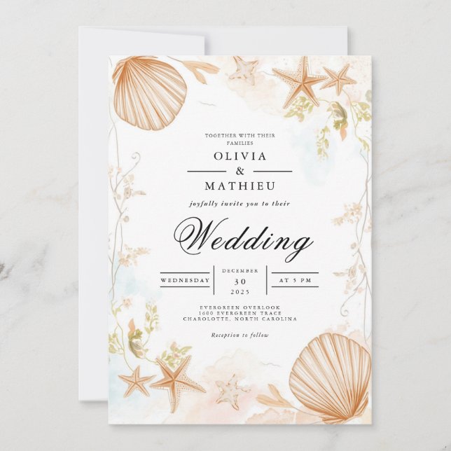 Invitation Coastal Seashell Botanique Romance Mariage (Devant)