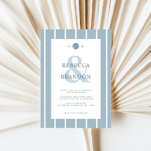 Invitation Coastal Seashell Monogramme bleu QR Code Mariage