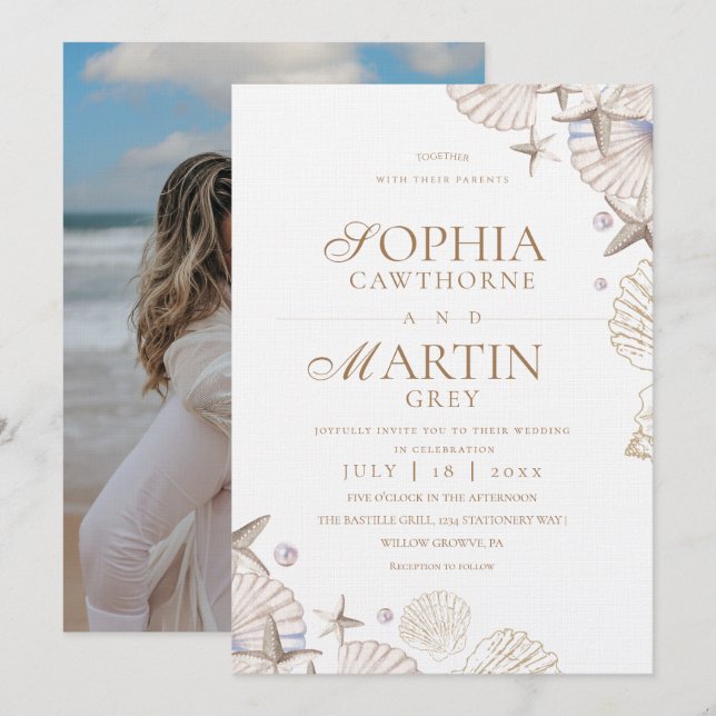 Invitation Coastal Seashells Beach Wedding Photo (Devant / Derrière)