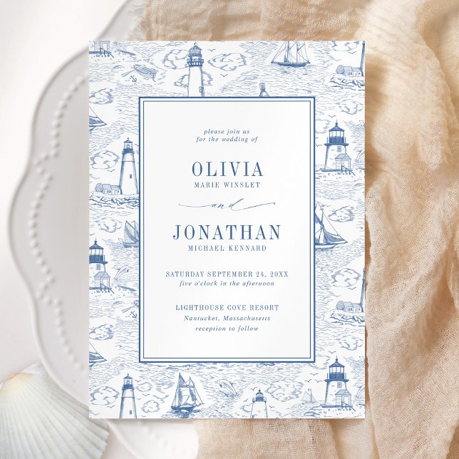 Invitation Coastal Toile Lighthouse Blue Wedding (Créateur téléchargé)