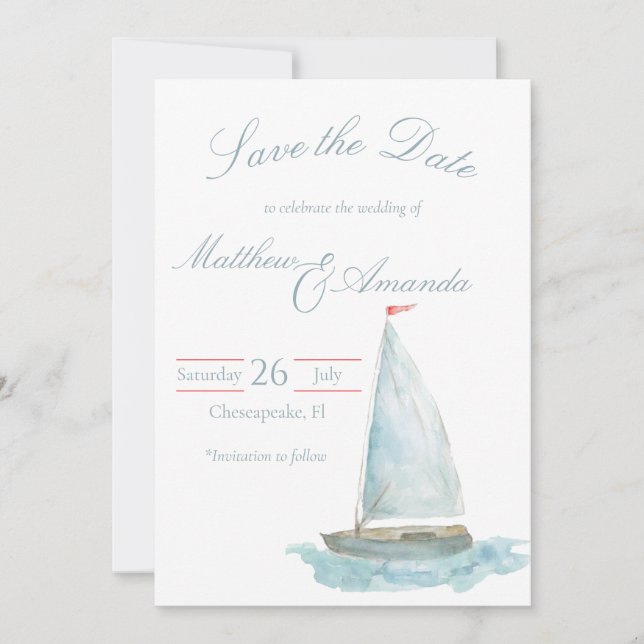 Invitation Coastal Watercolor Sailboat Save the Date (Devant)