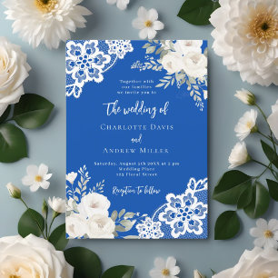Invitation Cobal bleu blanc roses dentelle mariage