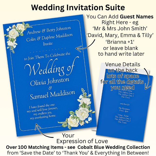 Invitation Cobalt Bleu et blanc Roses Mariage (Créateur téléchargé)