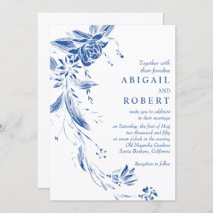 Invitation Cobalt bleu floral garland code QR mariage