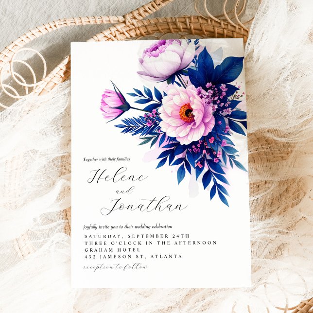 Invitation Cobalt bleu rose élégant Mariage floral élégant (Cobalt Blue Pink Stylish Elegant Floral Wedding Invitation)
