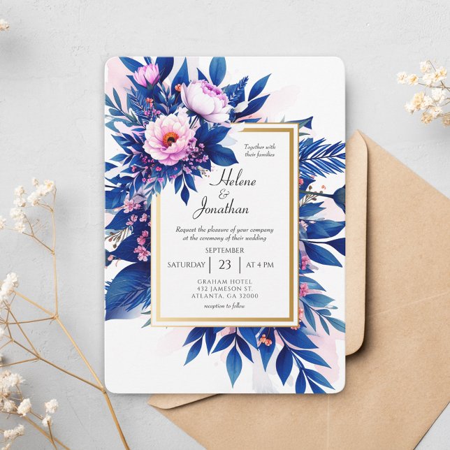 Invitation Cobalt Bleu rose Floral Moderne Mariage élégant (Cobalt Blue Pink Floral Modern Elegant Wedding Invitation)