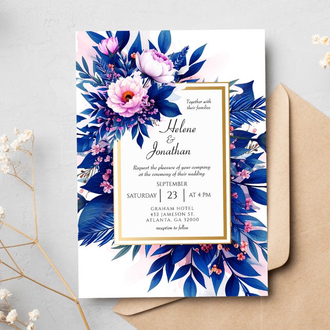 Invitation Cobalt Blue Blush Rose Floral Élégant Mariage (Cobalt Blue Blush Pink Floral Elegant Wedding Invitation)