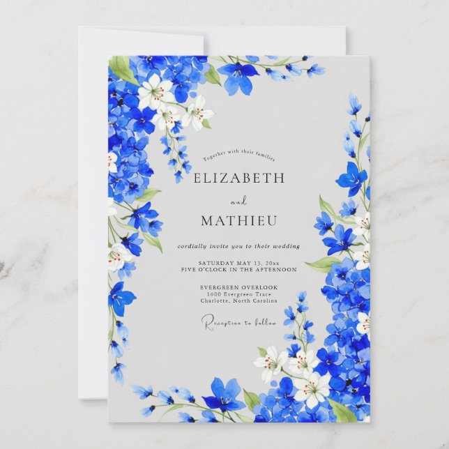 Invitation Cobalt Blue Floral Romance Wedding (Devant)
