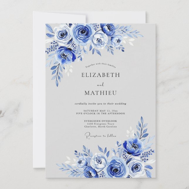 Invitation Cobalt Blue Floral Whimsy Wedding (Devant)