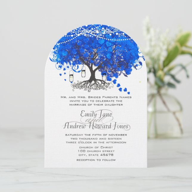 Invitation Cobalt Blue Heart Leaf Tree Mariage (Debout devant)